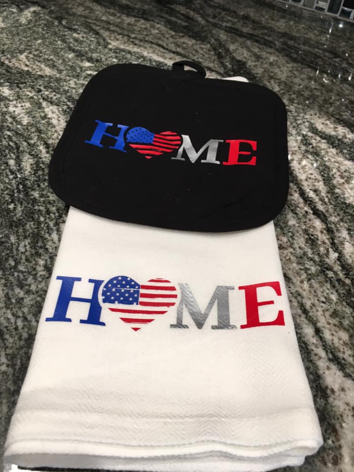 HOME with American flag heart towel with black hot pad