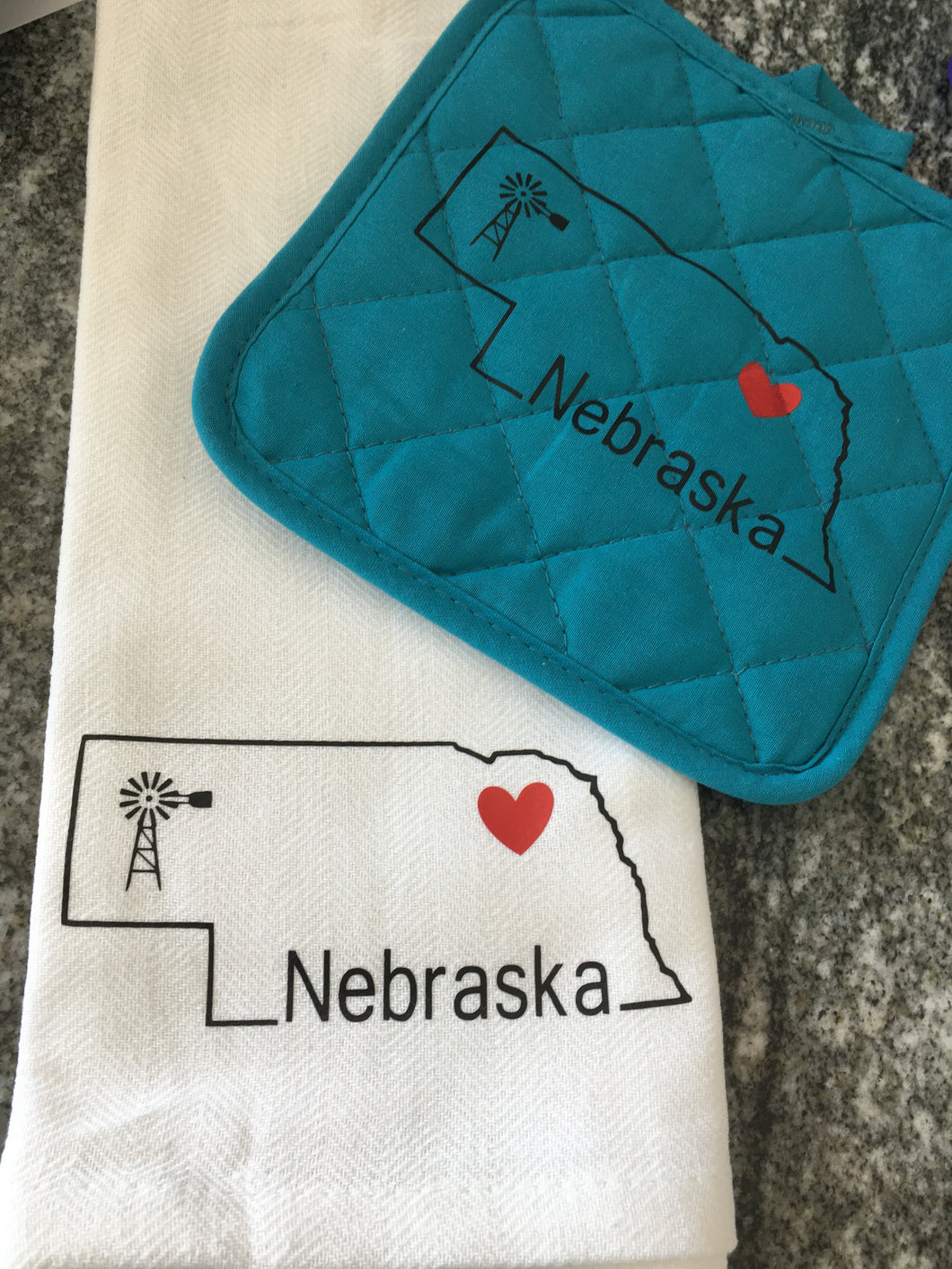 Windmill Love Northeast Nebraska Towel with teal hot pad