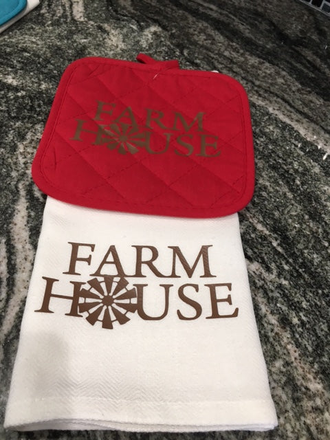 Farm House Towel with red hot pad