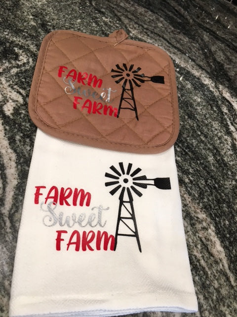 Farm Sweet Farm Towel with tan hot pad