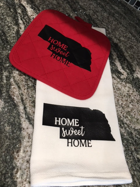 Home Sweet Home Nebraska Towel with red hot pad