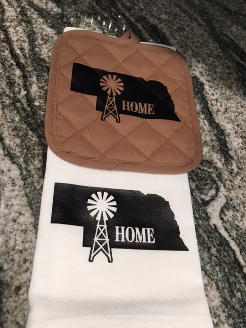 Nebraska Windmill Home Towel with tan hot pad