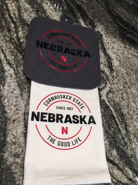 Nebraska Est 1897 Towel with gray hot pad