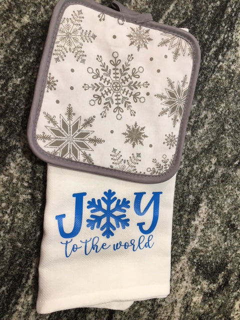 Joy to the World Christmas towel with gray snowflake hot pad