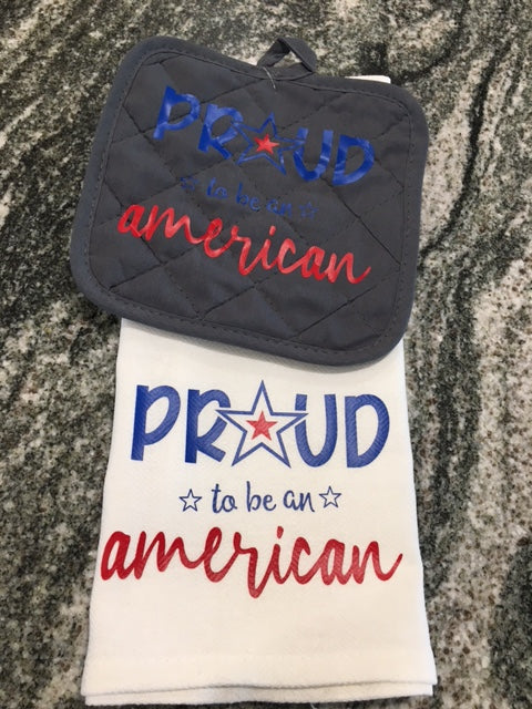 Proud to be an American towel with gray hot pad