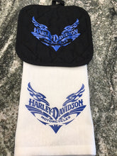 Load image into Gallery viewer, Harley Davidson Motorcycle towel with hot pad or oven mitt
