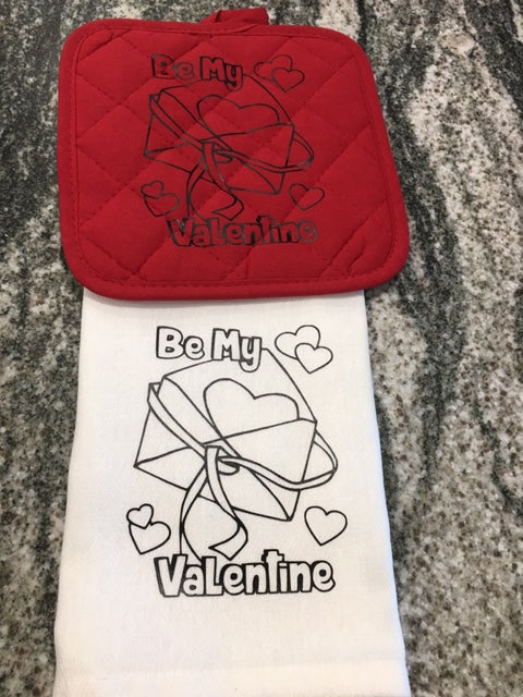 Be My Valentine towel with red hot pad