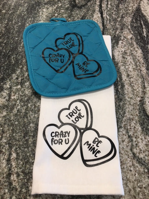 Valentine candy towel with teal hot pad