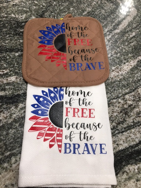 Home of the Free because of the Brave American Flag Sunflower towel with hot pad