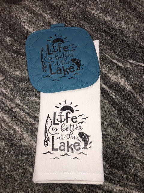 Life is better at the Lake towel with teal hot pad