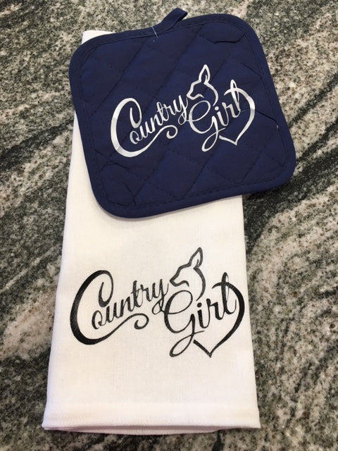 Country Girl towel set with navy blue hot pad