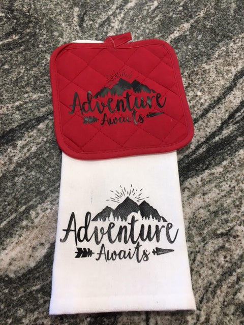 Adventure Awaits towel set with red hot pad