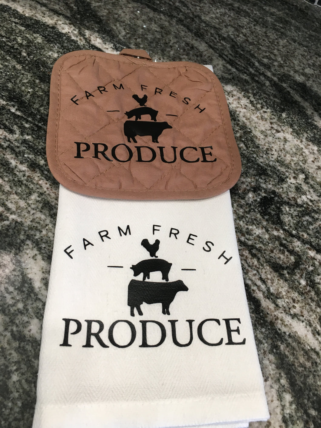 Farm Fresh Produce towel with a tan hot pad