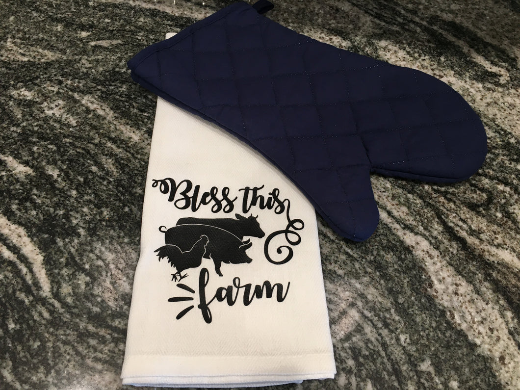 Bless this Farm Cow, pig, chicken towel with navy blue oven mitt