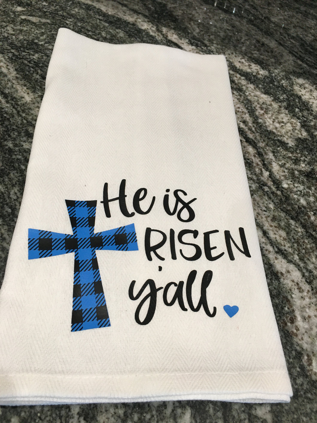 He is Risen y'all with blue flannel cross towel