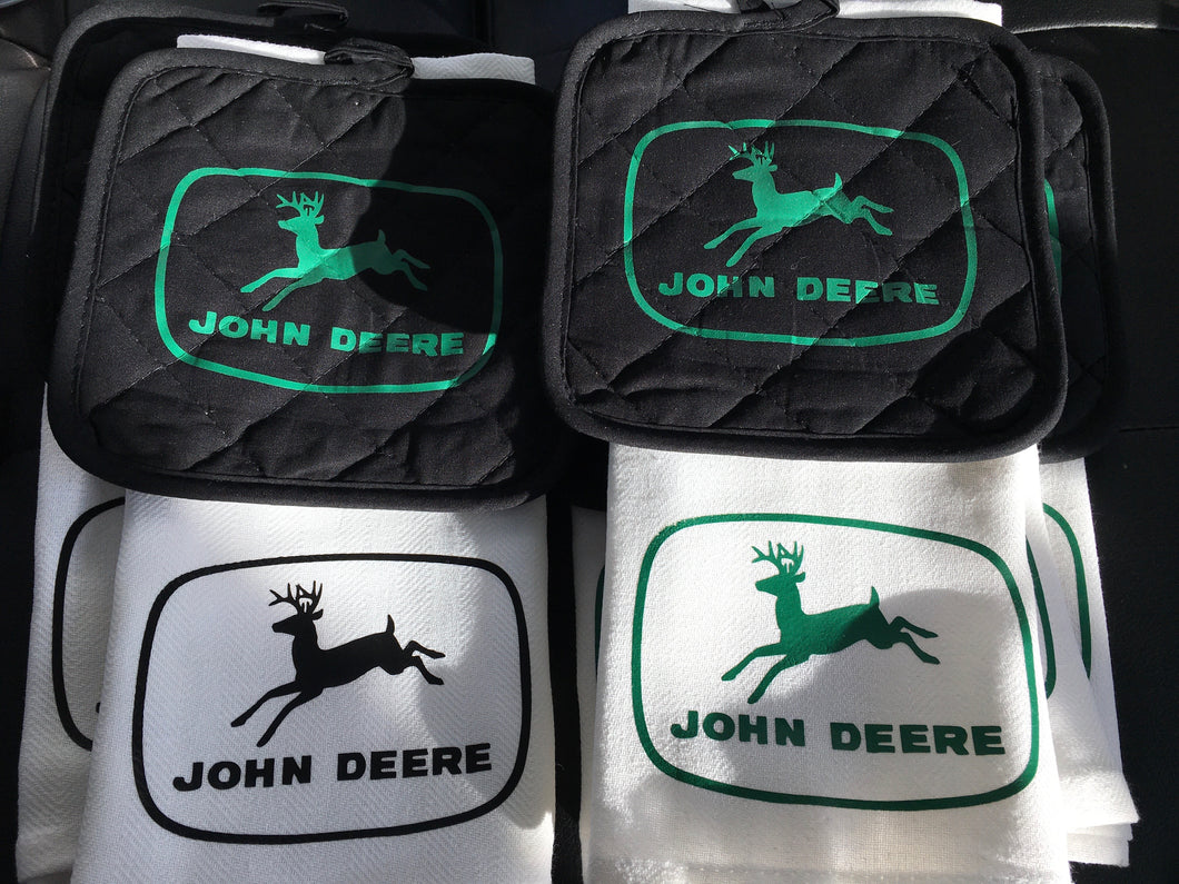 John Deere towel with black hot pad