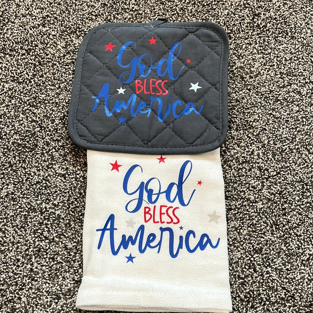 God Bless America towel with hot pad