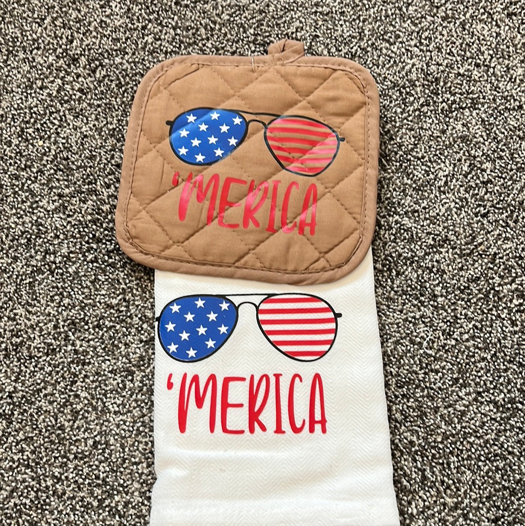 'Merica flag sunglasses towel with hot pad